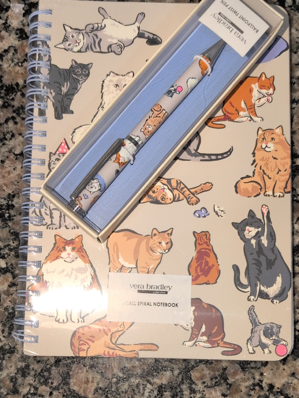 Vera Bradley Cat Print Spiral Notebook & Pen - Cream